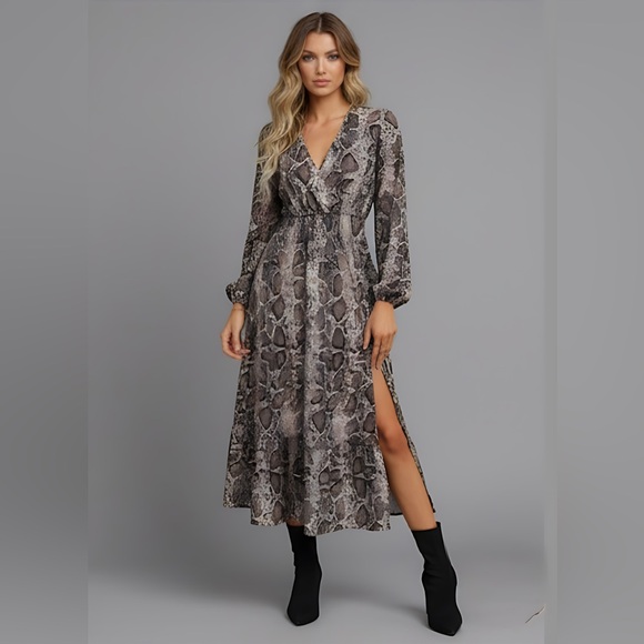 Snakeskin Print Split Thigh Ruffle Hem Dress 50% 0FF - Picture 3 of 5